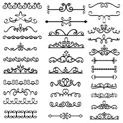 Decorative swirls dividers. Old text delimiter, calligraphic swirl border ornaments and vintage divider vector set