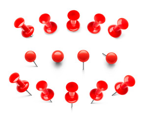Huge set of red push pins. Pins pierced at different heights and different views. Thumbtacks ready for your design. Vector illustration isolated on white background. EPS10.	 - obrazy, fototapety, plakaty