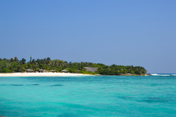 Beautiful tropical Maldives island with beach , sea , and coconut palm tree on blue sky for nature holiday vacation background concept -Boost up color Processing