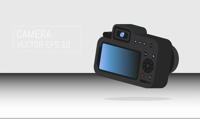 Realistic professional camera with button and display. Isometric style. Vector illustration.