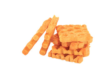 Stack of handmade honey waffles, isolated on white