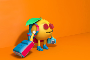 Orange Traveler Character 3D with a camera and  luggage