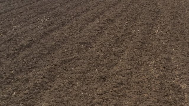 Slow flight over the plowed earth 4K aerial video