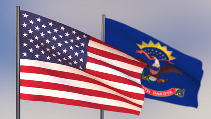 North Dakota 3D flag waving in wind.