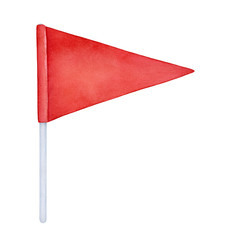 Watercolour illustration of colorful bright red flag on white tall flagpole. One single object, triangular shape. Handdrawn graphic drawing on white background, cutout clip art element for design.