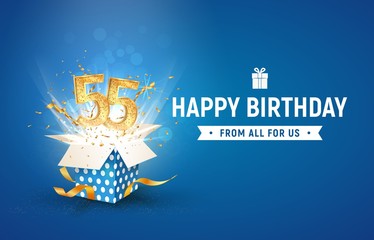55 th years anniversary banner with open burst gift box. Template fifty fifth birthday celebration and abstract text on blue background vector Illustration © Oleg