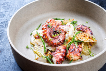 Traditional French octopus braised cooked with chicory and salicornia in wine sauce as closeup on a modern design bowl