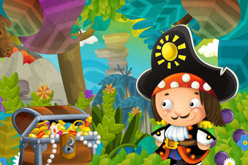 cartoon scene with pirate and treasure in the jungle - illustration for children