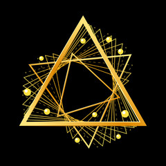 Simple abstract golden geometric shape from intersecting lines, triangle. Decorative element for graphic design, symbol, logo. Isolated on black background. Eps10 vector illustration.
