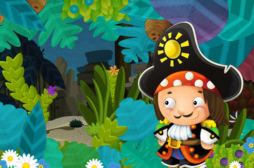 cartoon scene with pirate in the jungle - illustration for children