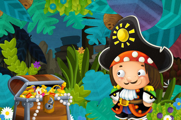 cartoon scene with pirate and treasure in the jungle - illustration for children