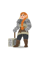 Cartoon warrior dwarf woman in armor with hammer