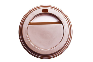 Disposable cup cap isolated on white. Brown plastic coffee lid.