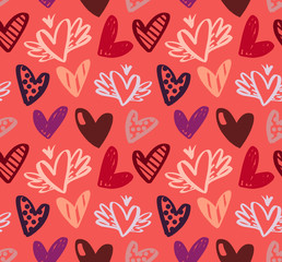 Vector seamless pattern with hand drawn hearts isolated on bright background. Heart symbol by hand. Various style hand drawn heart shapes as repeatable design