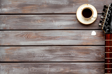 Music record studio with musician and DJ instruments wooden background top view copyspace