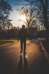 Man with dog walking on in the park during sunset