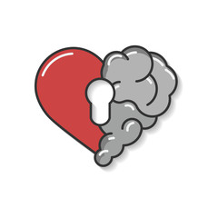 Emotional brain lock security. Broken Heart and Brain with key hall vector flat modern icon logo vector design. Interaction between soul key for intelligence, emotions, loneliness, divorce