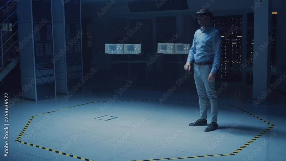 Aufkleber in 3d content creating laboratory engineer wearing professional virtual reality headset works and ge