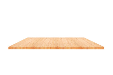 Perspective empty wooden counter with white background. Including clipping path for product display montage or design layout.