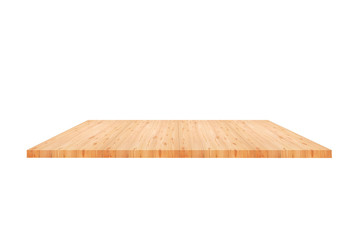 Perspective empty wooden counter with white background. Including clipping path for product display montage or design layout.