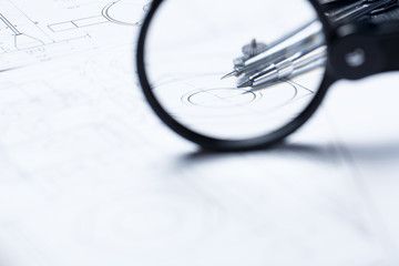 Compass on the background detail drawings. Technical drawing.