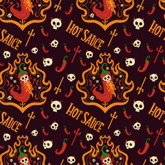 Seamless pattern background with red hot chili pepper skull. Perfect for wallpapers, web page backgrounds, surface textures, textile.