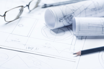 Engineering and technology. Technical drawing. compasses and blueprint