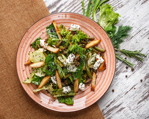 Refreshing salad of cabbage, green and fried potatoes