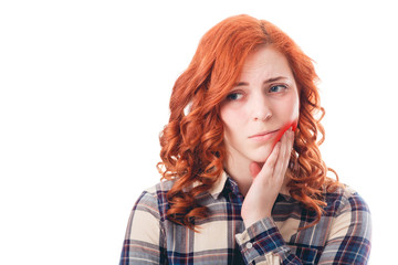 Full isolated picture from young woman with toothache with red spot.
