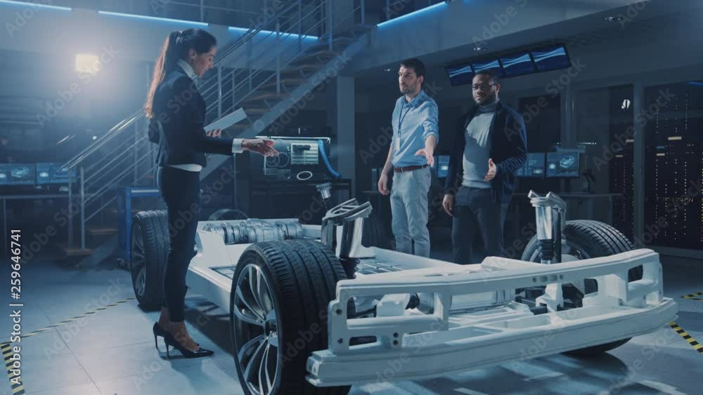 Poster international team of automobile design engineers talking and designing autonomous electric car. veh