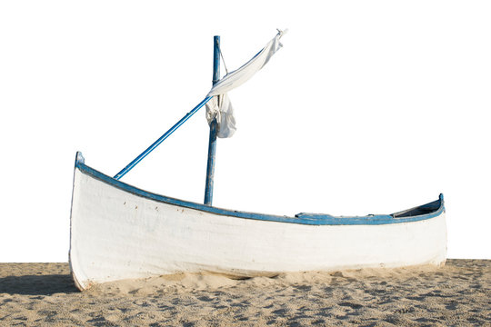 old wrecked wooden fishing boat abandoned on the sands beach - isolated background Image - Powered by Adobe