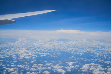 Fototapeta na wymiar travel on the plane with skyline and cloud