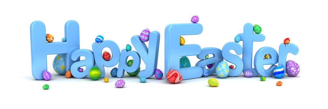 Happy Easter text surrounded by colorful Easter eggs isolated on white