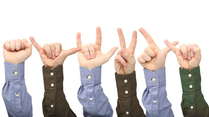 Showing the signs of the fingers to express emotions. Sign language hands