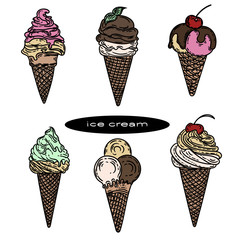 Vector hand drawn illustration of color ice creams.