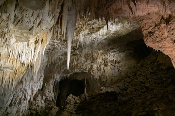 View of stalactites in Ruakuri Cave in Waitomo in New Zealand