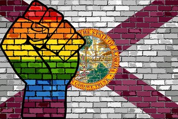 LGBT Protest Fist on a Florida brick Wall Flag - Illustration,  Brick Wall Florida and Gay flags