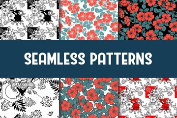 Fototapeta premium 6 Different flower vector seamless patterns, tiling. Romantic chic texture can be used for printing onto fabric and paper or scrap booking. Pink, white and blue colors. For baby, girl and woman.