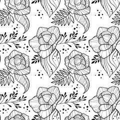 Poster Im Rahmen Peony flowers and leaves seamless vertical border. Floral romantic outline wallpaper on white background with text place. © mariaassorova