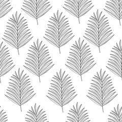 Fototapeta na wymiar Seamless hand drawn tropic exotic botanical vector pattern texture with rainforest jungle tree palm leaves foliage. Black and white illustration. Twilight night time.