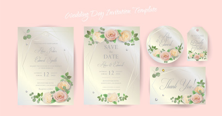 Floral Wedding Invitation elegant invite, thank you, rsvp, Save the Date, Bridal Shower card trendy Design garden flower pink peach Rose green Eucalyptus leaf greenery bouquet gold geometric frame