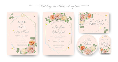 Floral Wedding Invitation elegant invite, thank you, rsvp, Save the Date, Bridal Shower card trendy Design garden flower pink peach Rose green Eucalyptus leaf greenery bouquet gold geometric frame
