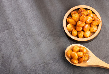 Caramelized quinoa seeds - Chenopodium quinoa. Top view