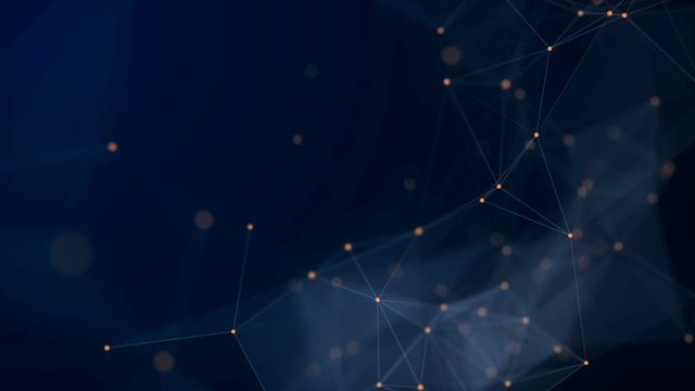Shapes, dots and lines are connectied with shine on blurred background. Animation. Zooming composition. Shapes are moving slowly. 4K. Bokeh.