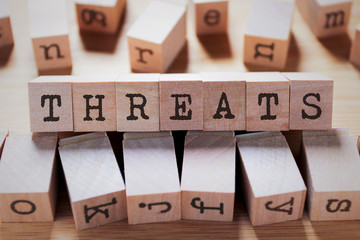 Threats Word In Wooden Stamp Cube - obrazy, fototapety, plakaty