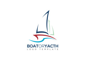 yacht boat in negative space logo with summer ocean wave and simple line silhouette