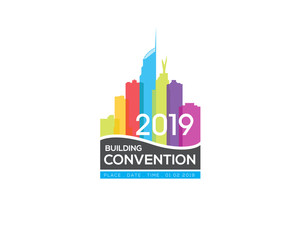 Building convention logo sign with image of cityscape skyline skyscrapper