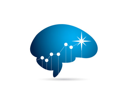 simple blue brain shape with star sparkle and increasing bar chart