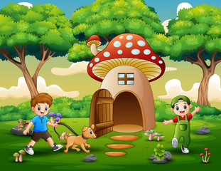 Cartoon two boys playing on the fantasy house