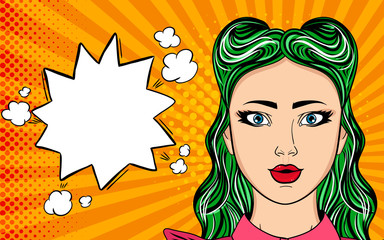 Sexy surprised girl, wow effect. Shocked woman. Vector colorful background in pop art retro comic style.